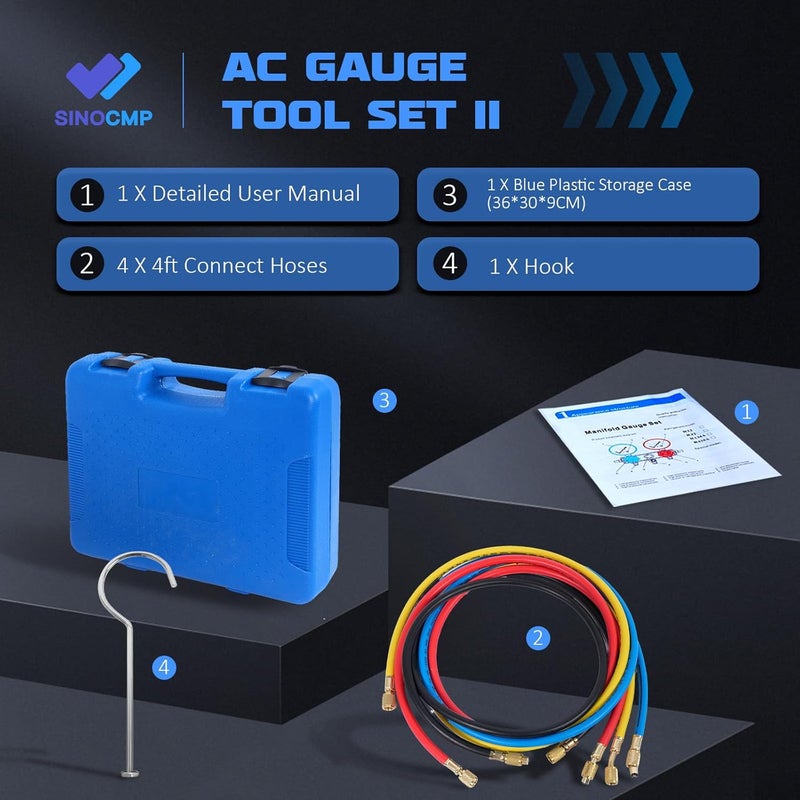 SINOCMP عدادات مجمع HVAC 4 طرق، لمجموعة إعادة شحن المبردات R32/R410A/R134A لمكيف الهواء، تشخيص A/C R22 R404A مع مجموعة أدوات الخراطيم - Image 3